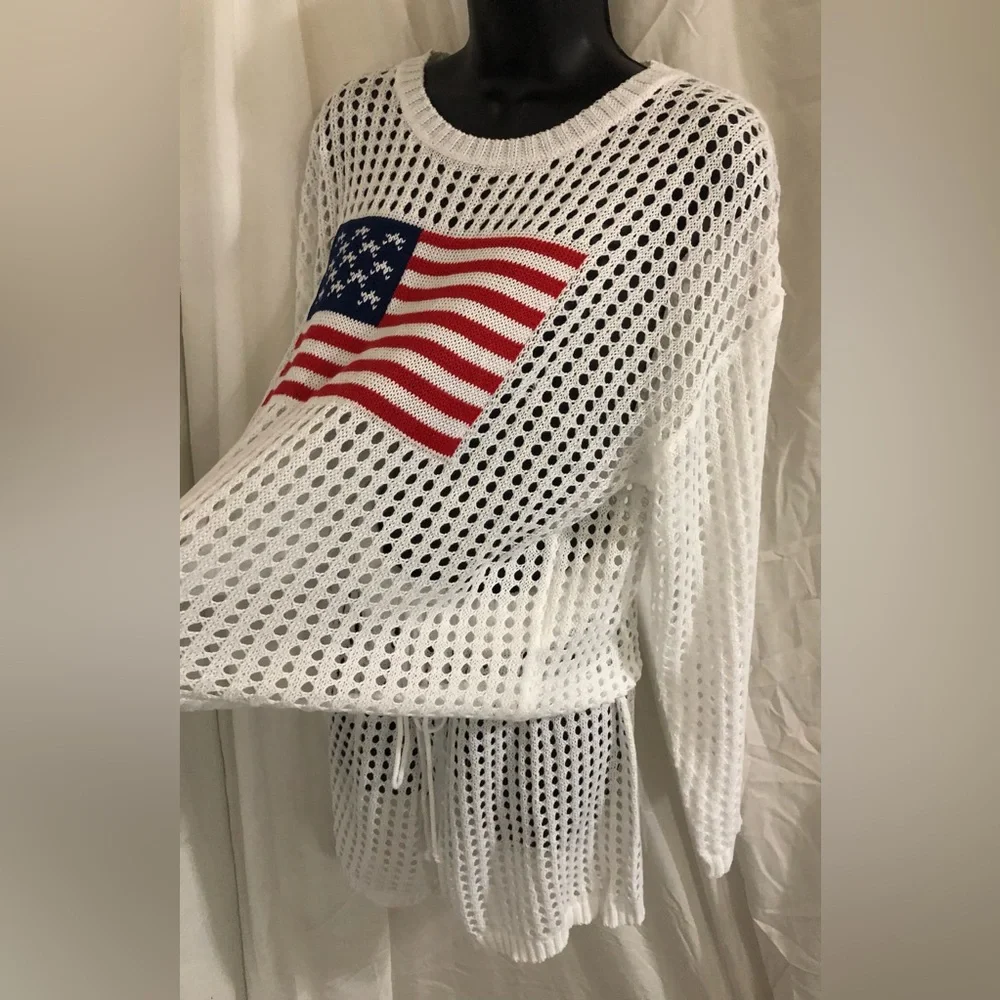 White 2pc American flag crochet mesh sweater & shorts coverup set size large new